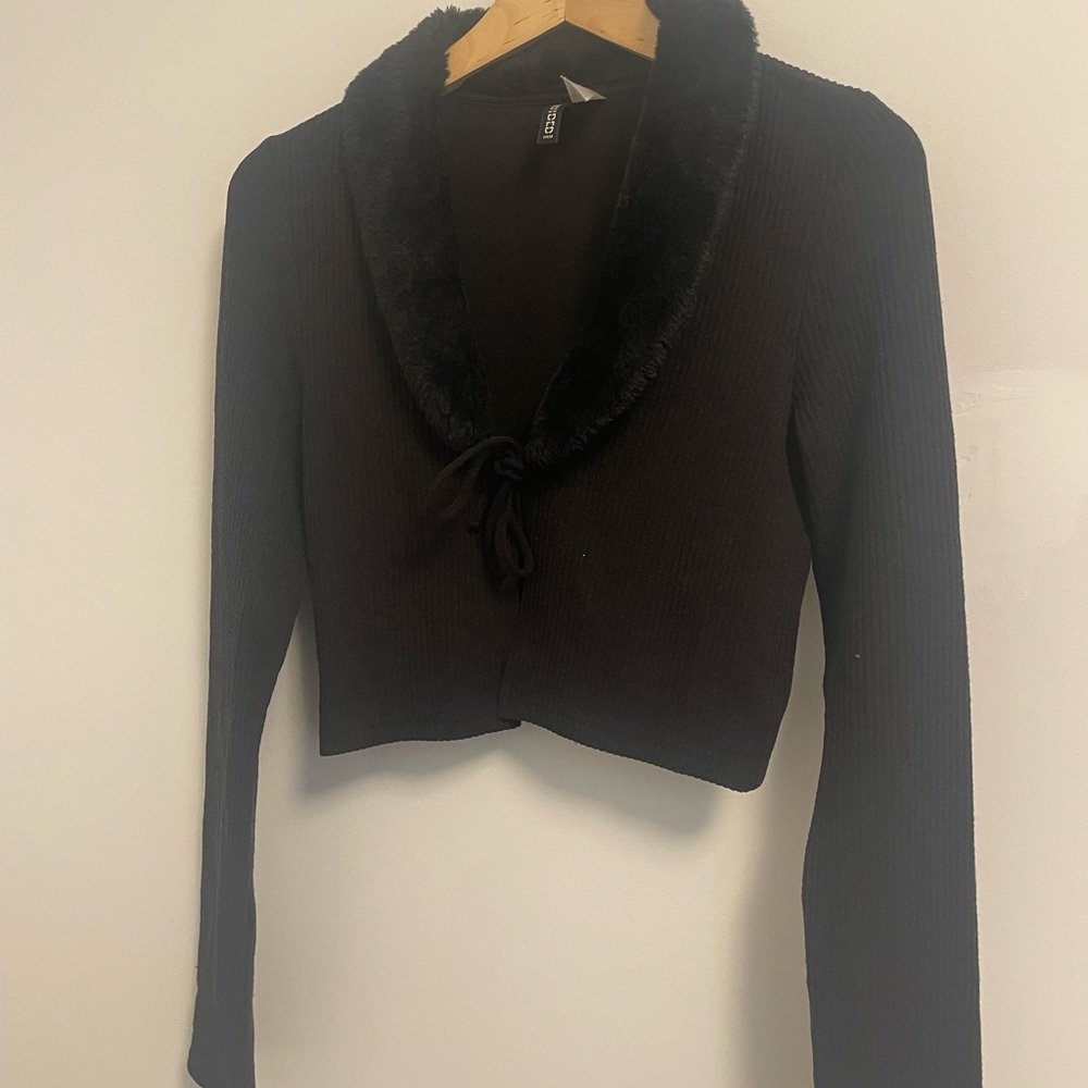 H&M Black Cardigan with Faux Fur Trim
